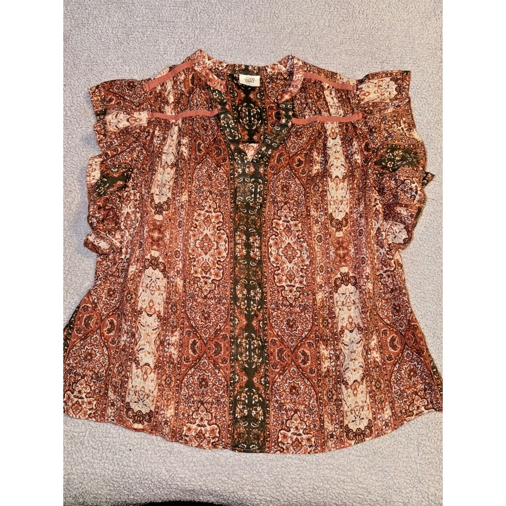 Good Hart Womens XS Ruffled Cap Sleeve Boho Cotton Metallic V-Neck Blouse
